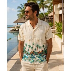 Trinity Coast Mens Large Tropical Island Palm Tree Camp Shirt Cream Short Sleeve